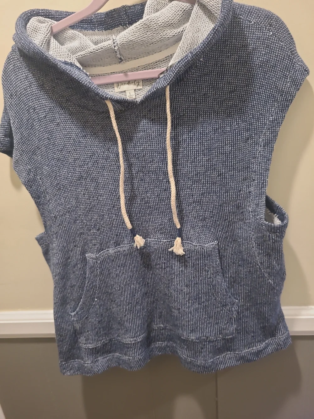 Wonderly Womens Large Slub Sleeveless Terry Hoodie Blue Kangaroo Pocket - Picture 4 of 10